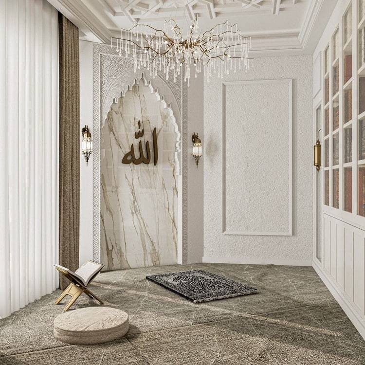 Elegant prayer room with Arabic calligraphy and modern decor.